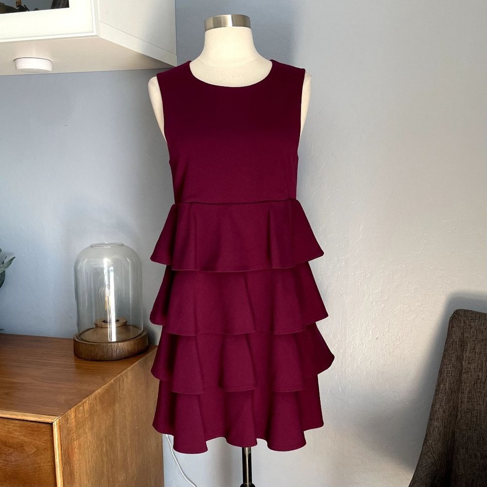 Theory Plum Burgundy Sleeveless Tiered Ruffle Dress